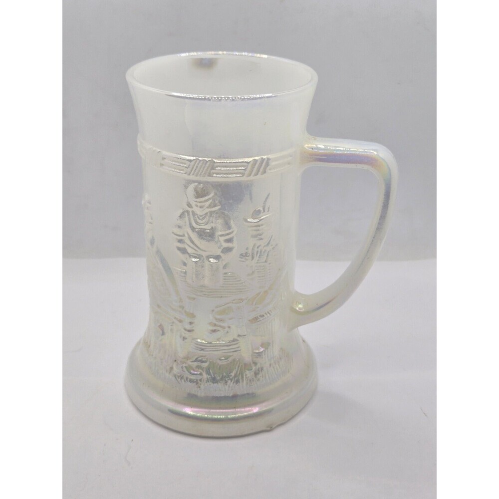 Vintage Federal Iridescent Carnival Glass White Beer Stein Tavern Scene Mug